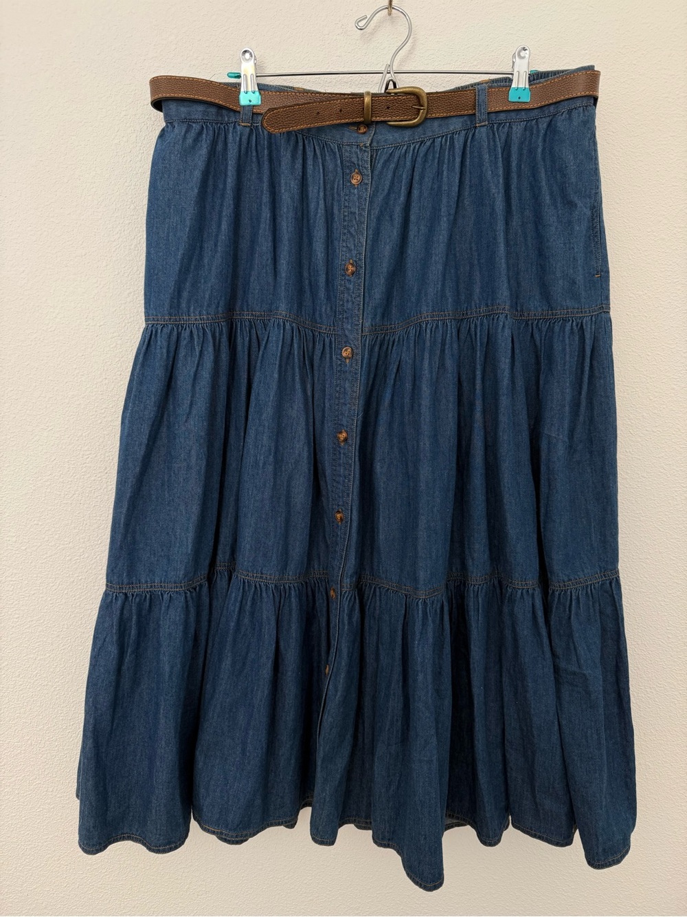 VTG Elisabeth Liz Claiborne Tiered Denim Prairie Maxi Skirt Plus Size 22 Belted